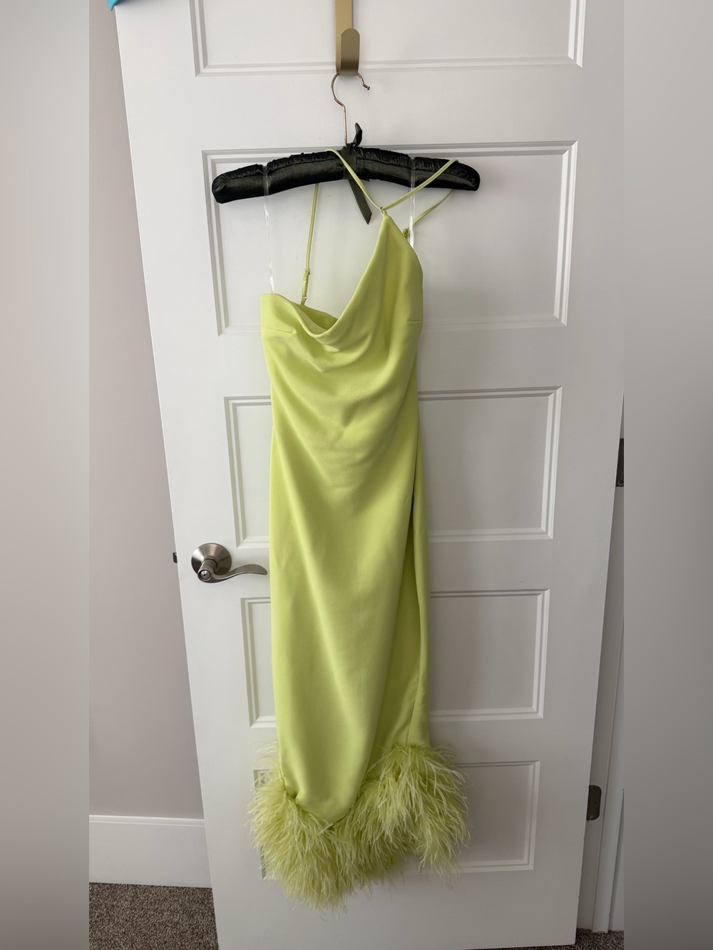 House of CB Lime Green Midi Dress with Feather Hem